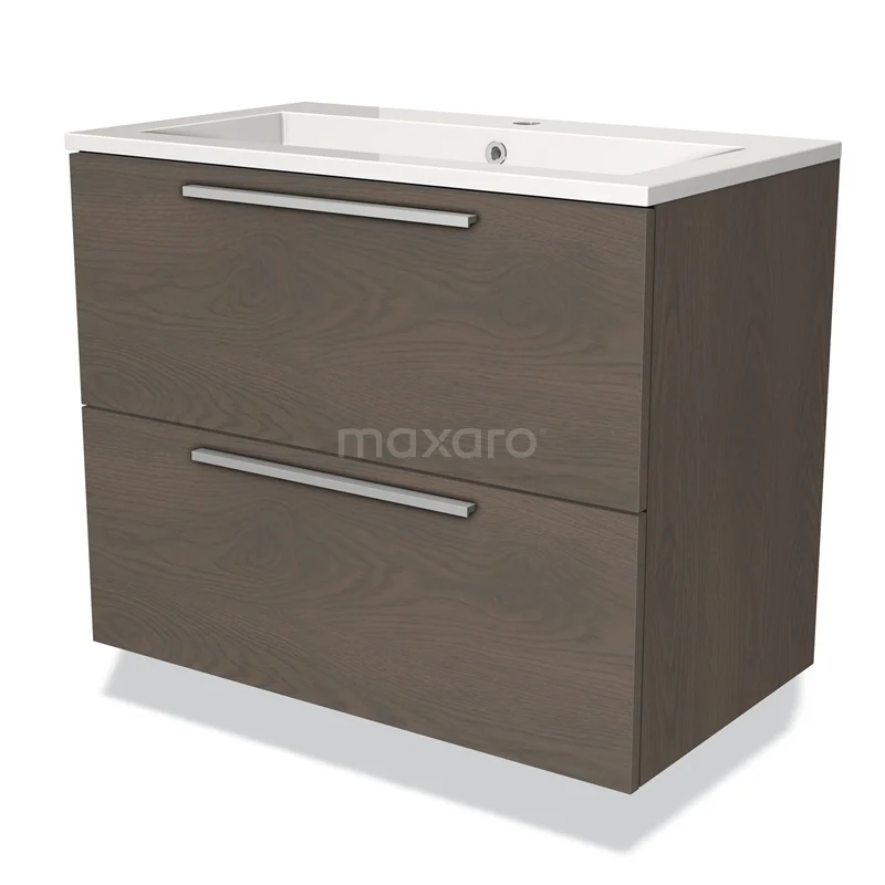 Houten badkamermeubel met lade-indeling, donker eiken look, inclusief geïntegreerde wastafel en chroomkleurige grepen.