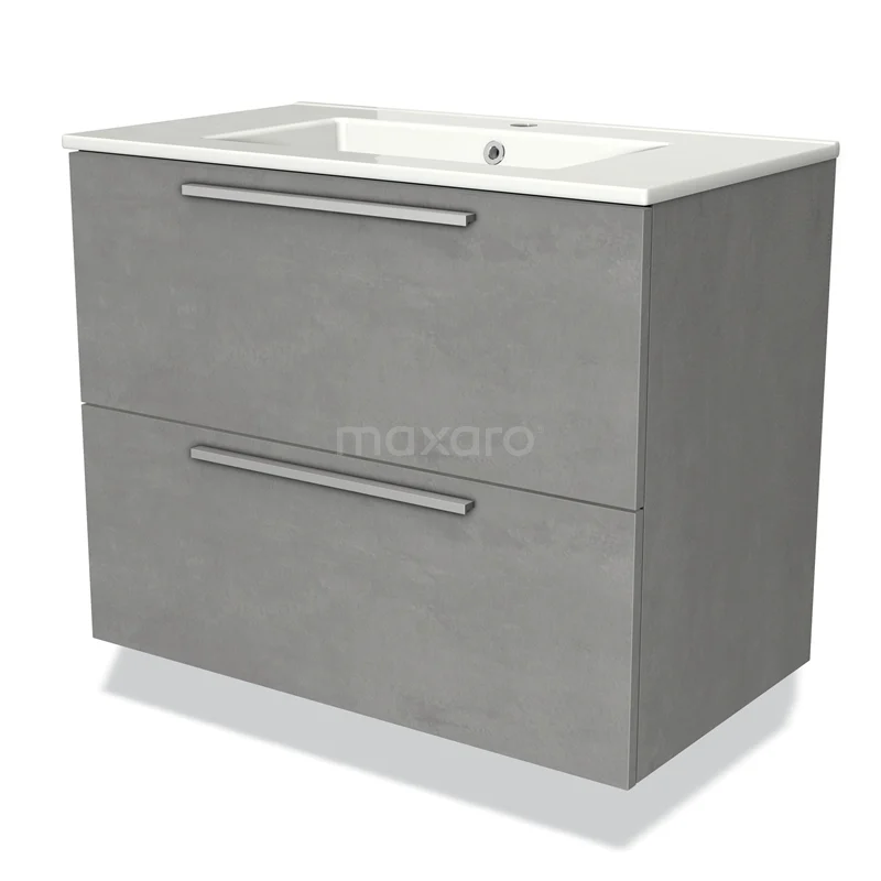 Grijze badkamermeubel met twee lades, kunststof afwerking en geïntegreerde wastafel, modern design.