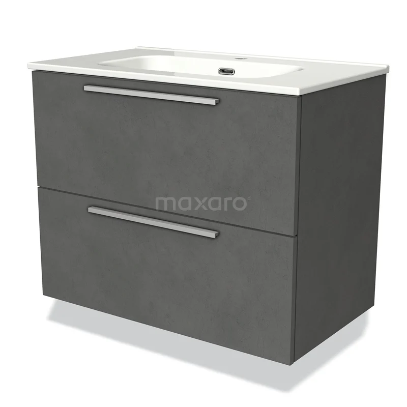 Grey vanity set with matte surface, two drawers and a white basin, perfect for a modern bathroom style.