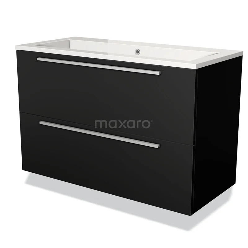 Zwarte badkamermeubelset met twee lades, strakke RVS-handgrepen en een witte keramische wastafel, modern design.