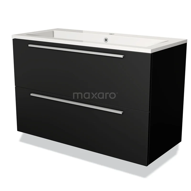 Zwarte badkamermeubel met twee lades, strak design en witte wastafel; ideaal voor moderne badkameropstellingen.