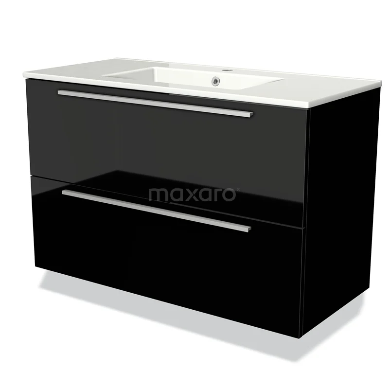 Zwarte wastafelonderkast met hoogglans afwerking, brede metalen handgrepen en geïntegreerde witte wastafel, ideaal voor moderne badkamers.