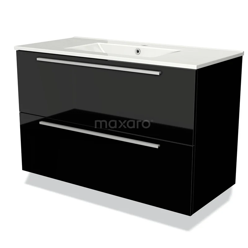 Zwarte badkamerkast met hoogglans afwerking, twee lades en geïntegreerde wastafel; modern design geschikt voor stijlvolle badkamers.