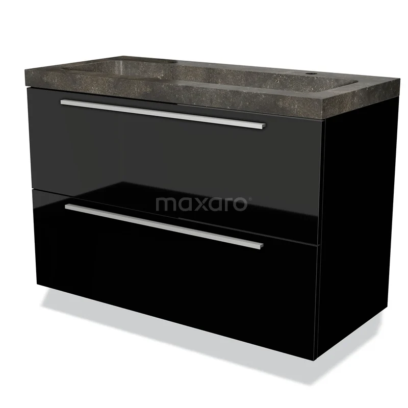 Badmöbel 100cm Modulo Hochglanz Schwarz 2 Schubladen Flaches Waschbecken Naturstein Blaustein BMW17-00579 Schwarz glänzendes Badmöbel mit zwei Schubladen und einem Natursteine Waschbecken, ideal für ein modernes Badezimmer.