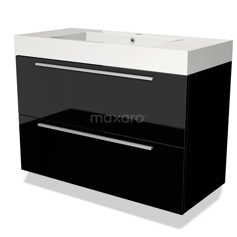 Badmöbel 100cm Modulo Hochglanz Schwarz 2 Schubladen Flaches Waschbecken Mineralguss BMW17-00587 Schwarzer Badschrank mit glänzenden Fronten, zwei geräumigen Schubladen und integriertem Waschbecken. Modernes Design für jeden Badezimmerstil.
