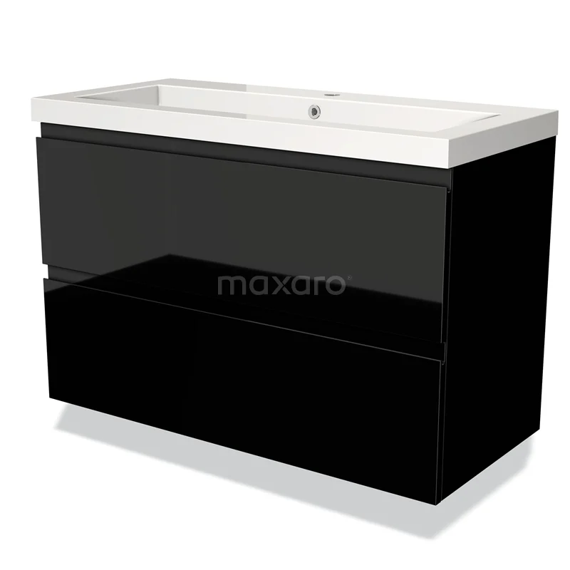 Badmöbel 100cm Modulo Hochglanz Schwarz 2 Schubladen Griffloses Waschbecken Mineralguss BMW17-00612 Schwarz glänzender Waschtisch mit doppelten Schubladen, modernem Design und keramischem Waschbecken, perfekt für ein stilvolles Badezimmer.