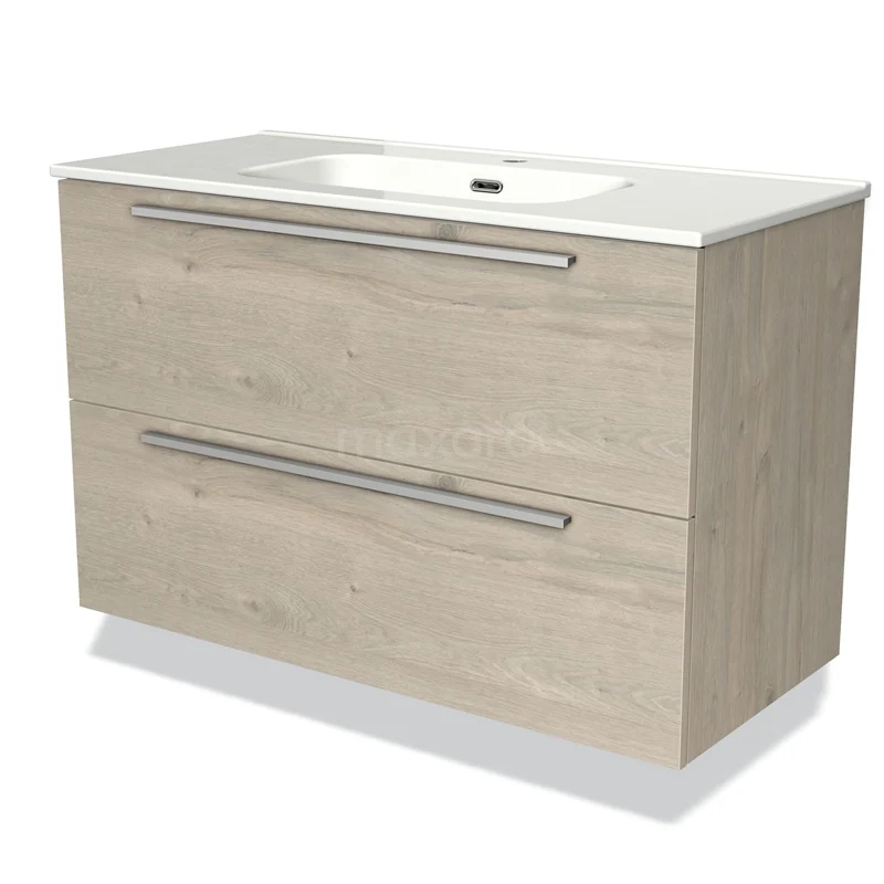 Houten badkamermeubel met licht eiken afwerking, twee brede lades en ingebouwde witte wastafel.