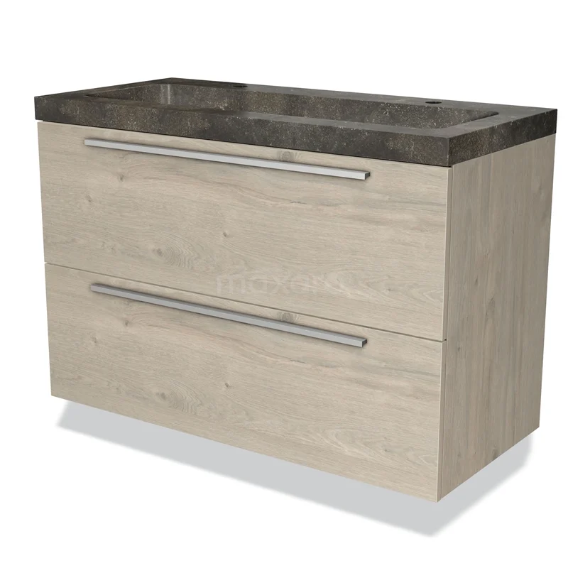 Houten badkamermeubel met twee lades, natuursteen wastafel en metalen grepen, ideaal voor een moderne badkamer.