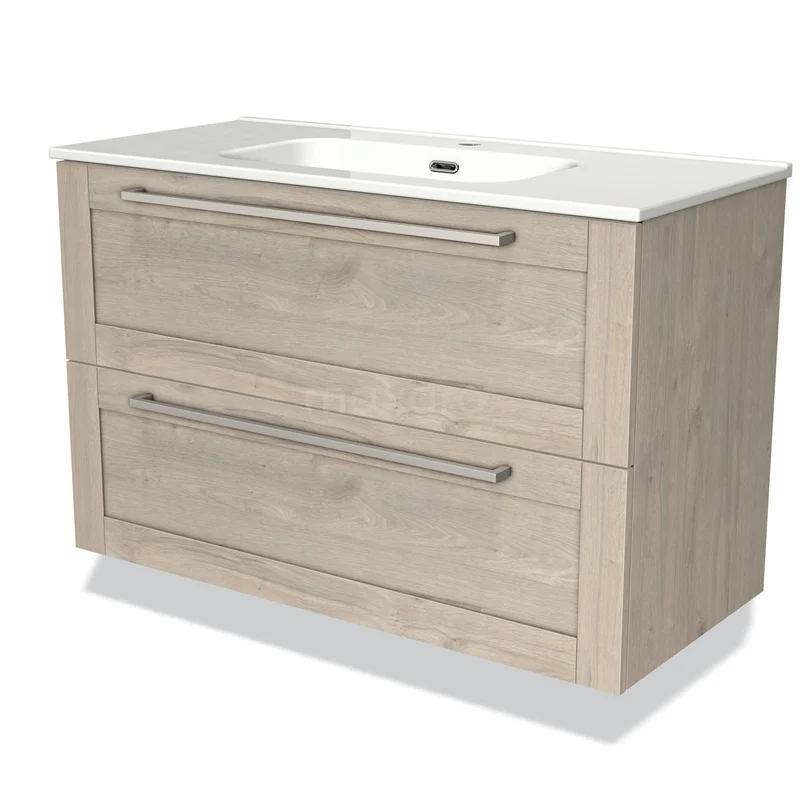 Modulo Bathroom furniture with sink | 100 cm Light grey oak Bordered front Ceramic 2 Stacked drawers BMW17-00637 Oak bathroom unit with two drawers, white vanity units with basin and modern metal handles, perfect for bathroom storage.
