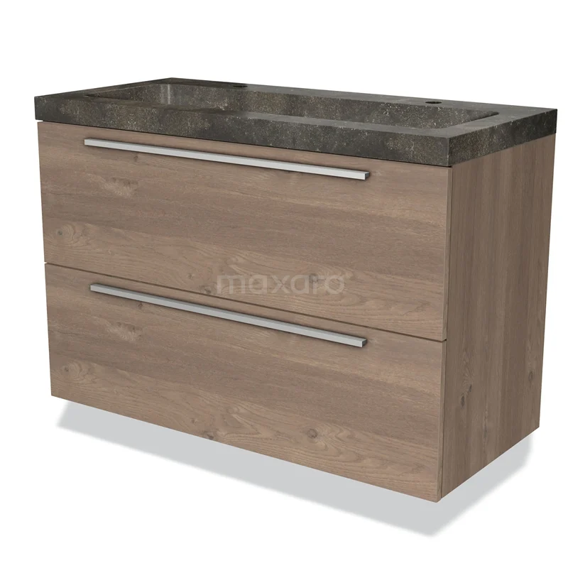 Wooden bathroom unit with two drawers, grey stone sink, sleek metal handles, modern design.