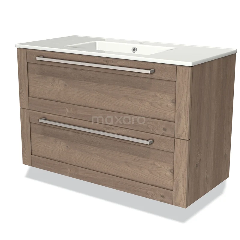 Houten badkamermeubel met twee laden, rechthoekig design, witte wastafel en strak metalen grepen, ideaal voor moderne badkamers.