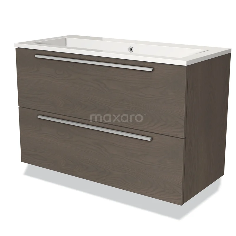 Brown bathroom furniture set with two drawers, metal handles and a white basin, ideal for modern bathroom fittings.