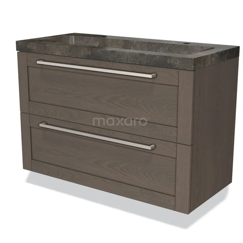 Modulo Bathroom furniture with sink | 100 cm Dark brown oak Bordered front Natural stone 2 Stacked drawers BMW17-00729 Wooden bathroom unit with drawers, dark brown oak, including black marble basin worktop, ideal for modern bathrooms.