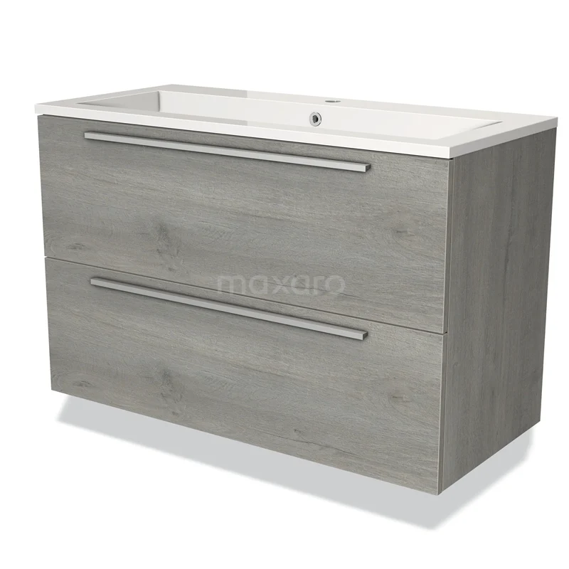 Grey wooden bathroom unit with two drawers, sleek design and integrated vanity units with basin, ideal for modern bathrooms.