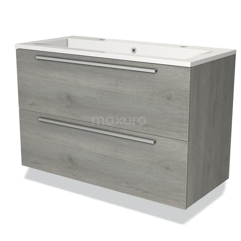 Grey wooden bathroom furniture set with two drawers, integrated basin and sleek design, ideal for modern bathrooms.