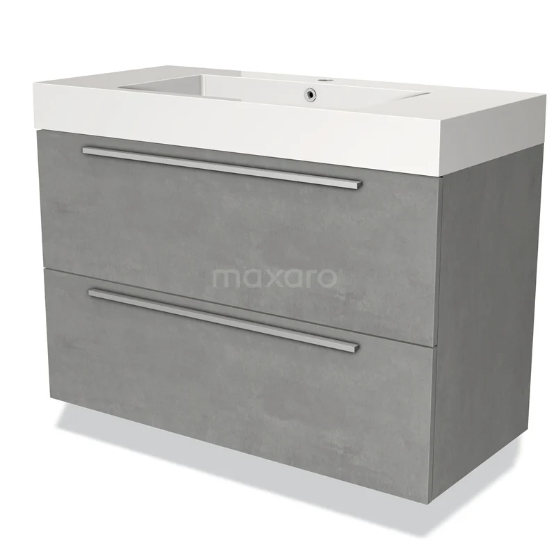 Grey bathroom furniture set with two drawers, white sink and metal handles, modern design in concrete look.