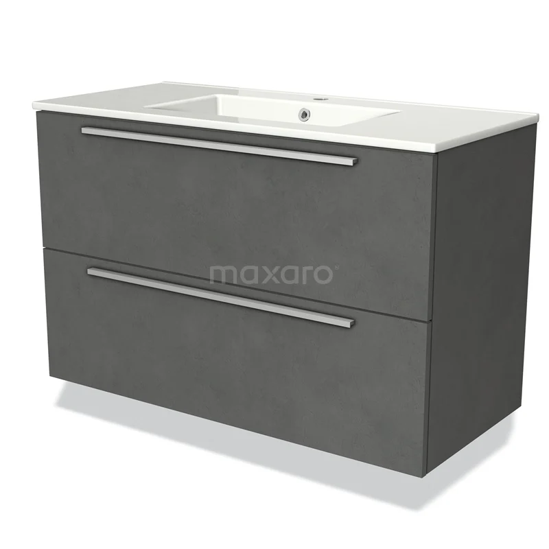 Dark grey vanity unit with two drawers, sleek design, wide model, including white ceramic basin for modern bathrooms.
