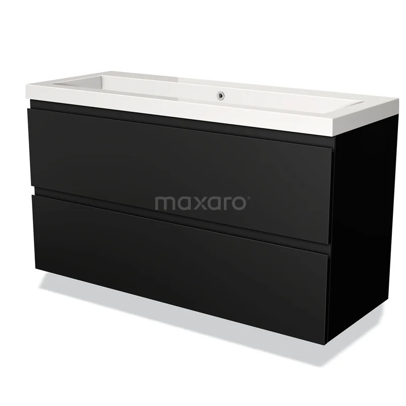 Black vanity unit with double drawers, high-gloss finish, ceramic basin, ideal for a modern bathroom.