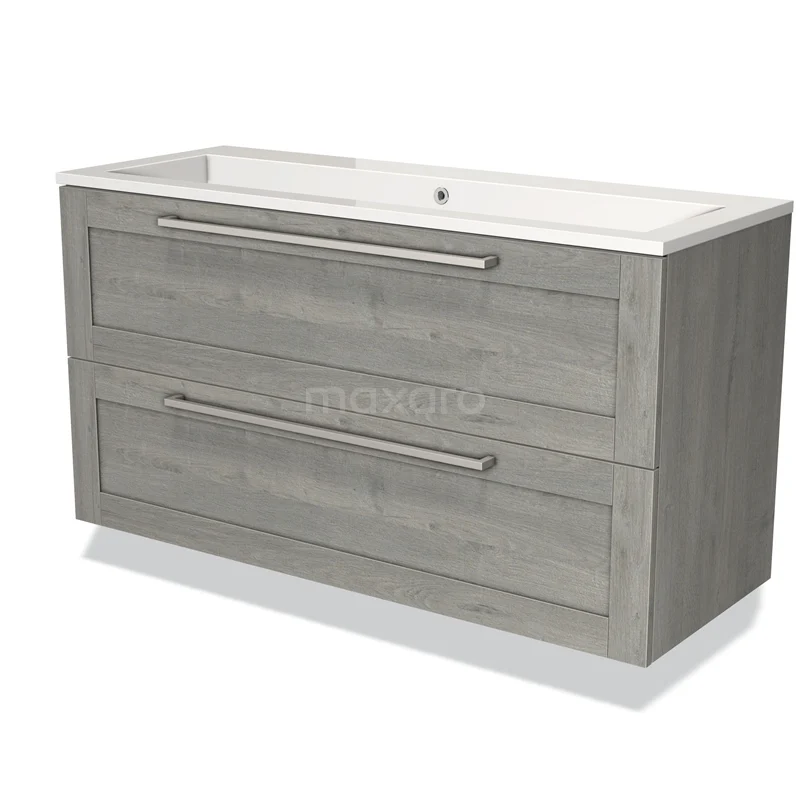 Badmöbel 120cm Modulo Graue Eiche 2-Schubladen-Rahmen Waschbecken Mineralguss Marmor BMW17-00928 Graue Holz-Badmöbelset mit zwei Schubladen und weißem Waschbecken, ideal für eine moderne Badezimmer Einrichtung.