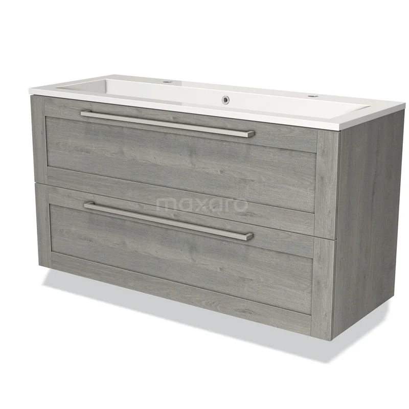 Badmöbel 120cm Modulo Graue Eiche 2-Schubladen-Rahmen Waschbecken Mineralguss Marmor BMW17-00929 Graues Holz-Waschtischmöbel mit zwei Schubladen, integrierte weiße Waschbecken, modernes Design für ein stilvolles Badezimmer.