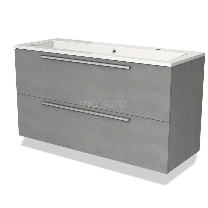 Badmöbel 120cm Modulo hellgrauer Beton 2 Schubladen Flaches Waschbecken Mineralguss BMW17-00936 Grauer Badschrank mit zwei breiten Schubladen, minimalistisches Design und integriertem Waschbecken, ideal für moderne Bäder.