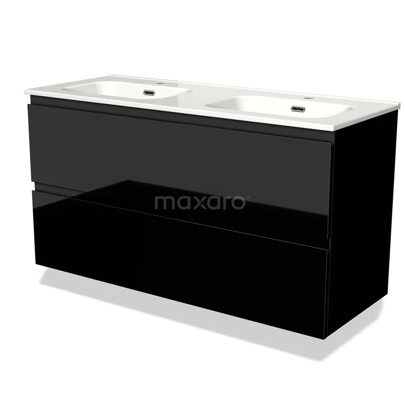Black glossy vanity units with basin, modern design, ideal for stylish and functional bathroom fittings.
