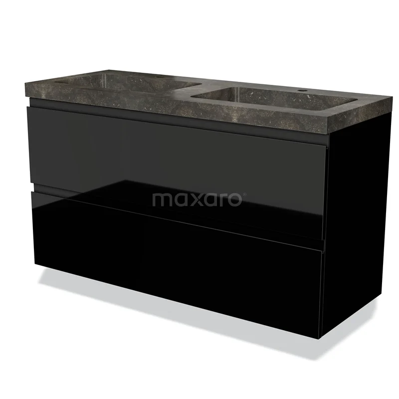 Black bathroom furniture set with glossy finish, marble basin worktop and double drawers for stylish bathroom storage.
