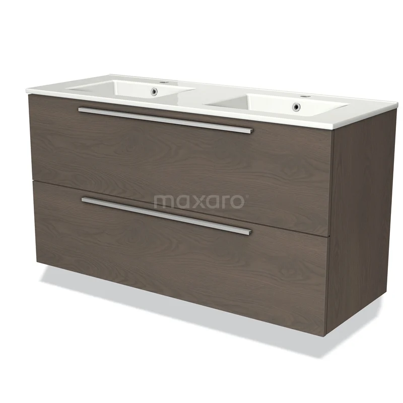 Modulo Vanity units with basin | 120 cm Dark brown oak Flat front Ceramic 2 Stacked drawers BMW17-01126