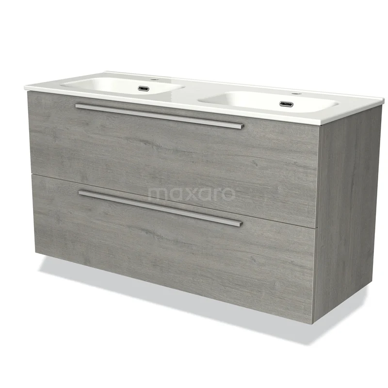 Modulo Vanity units with basin | 120 cm Grey oak Flat front Ceramic 2 Stacked drawers BMW17-01153
