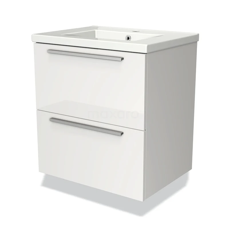 Wit badkamermeubel met ladegrepen, modern design, inclusief geïntegreerde wastafel, ideaal voor compacte badkamers.