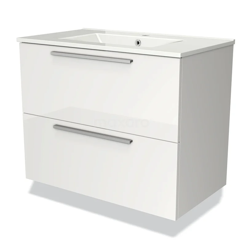 Wit wastafelmeubel met twee lades en strakke handgrepen, ideaal voor een moderne badkamer inrichting.