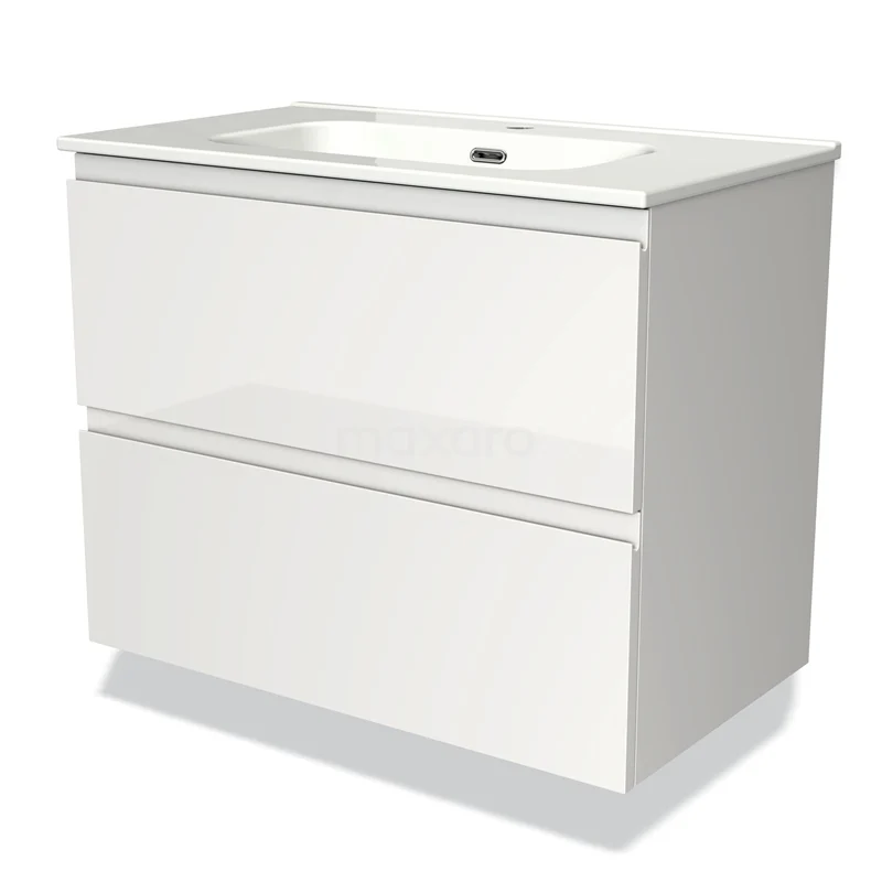 Badmöbel 80cm Modulo Hochglanz Weiß 2 Schubladen Griffloses Waschbecken Keramik BMW17-01258 Weiße Badmöbelset mit zwei Schubladen, schlichtes Design, glänzendes Material; ideal für einen modernen Badezimmerstil.