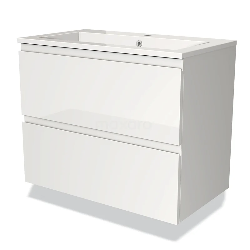 White modern vanity set with two drawers and glossy finish, ideal for stylish bathroom storage.