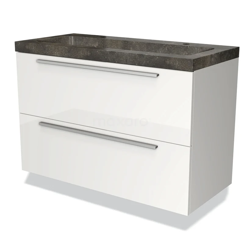 Wit wastafelmeubel met twee lades, chromen handgrepen en een donkergrijs natuurstenen blad; modern badkamerdesign.