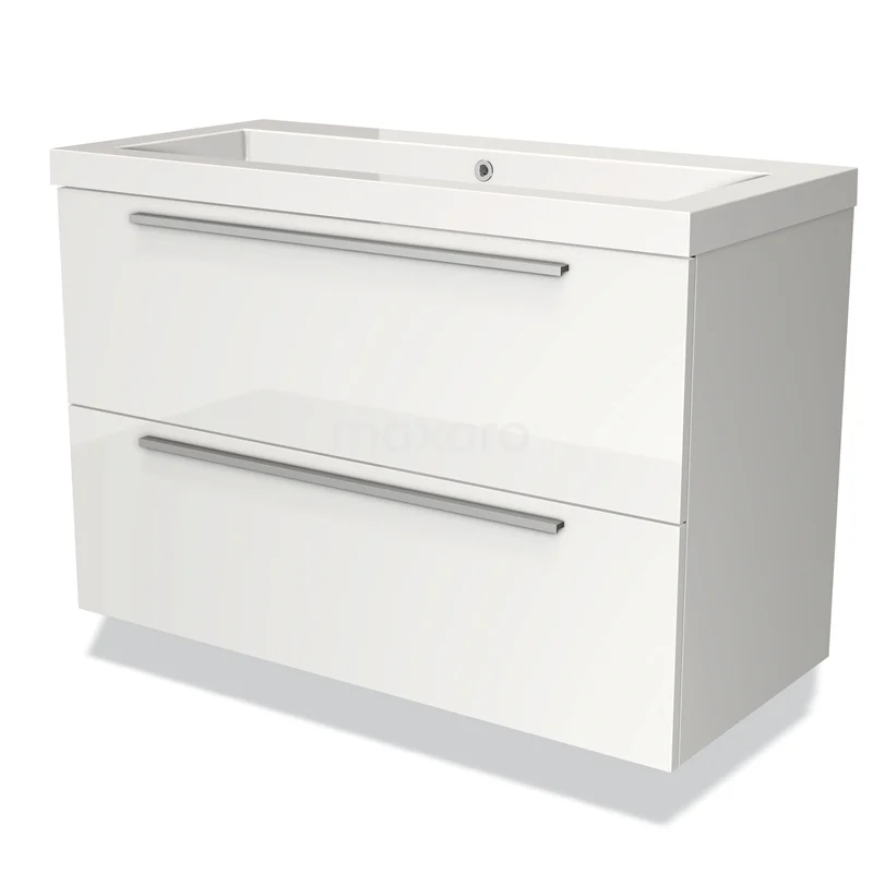 Witte moderne badmeubelset met twee lades, gladde afwerking en strakke handgrepen, perfect voor badkameropslag.
