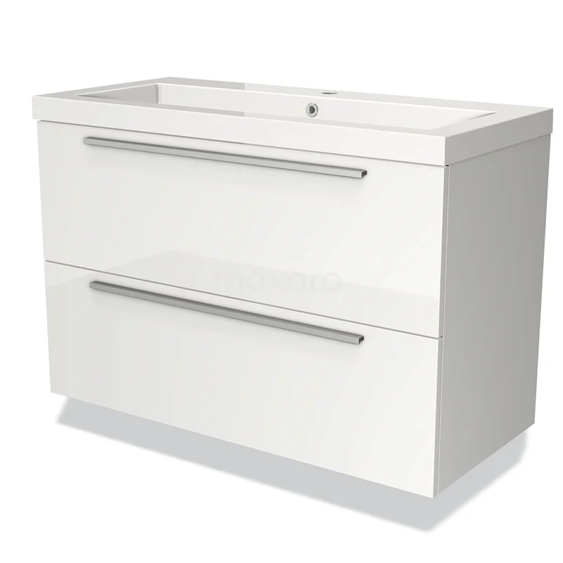 Wit badkamermeubel met twee lades, strak design, voorzien van chromen grepen en geïntegreerde wastafel.