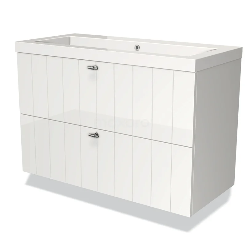 Badmöbel 100cm Modulo Hochglanz Weiß 2 Schubladen Lamellenwaschbecken Mineralguss BMW17-01289 Weißes hängendes Badezimmermöbel mit zwei Schubladen, Holzoptik-Paneelen und Chromgriffen, ideal für moderne Badezimmergestaltung.