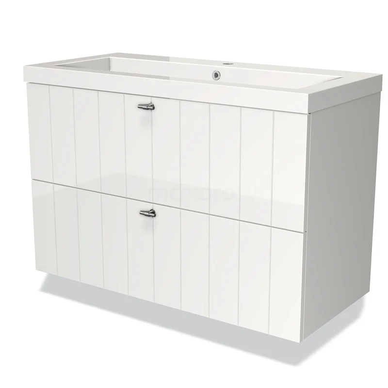 Wit badmeubel met twee lades, houtlook panelen en chromen grepen, ideaal voor een moderne en praktische badkamer.