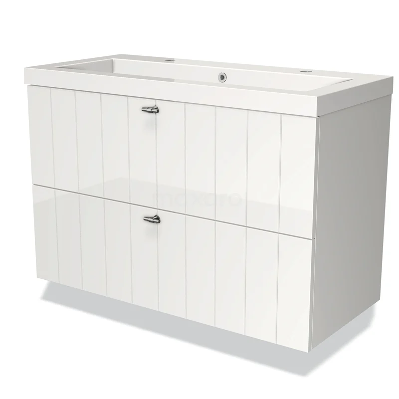 Wit houten badkamermeubel met twee lades, modern design en verticale groefdetails, ideaal voor stijlvolle badkameropslag.