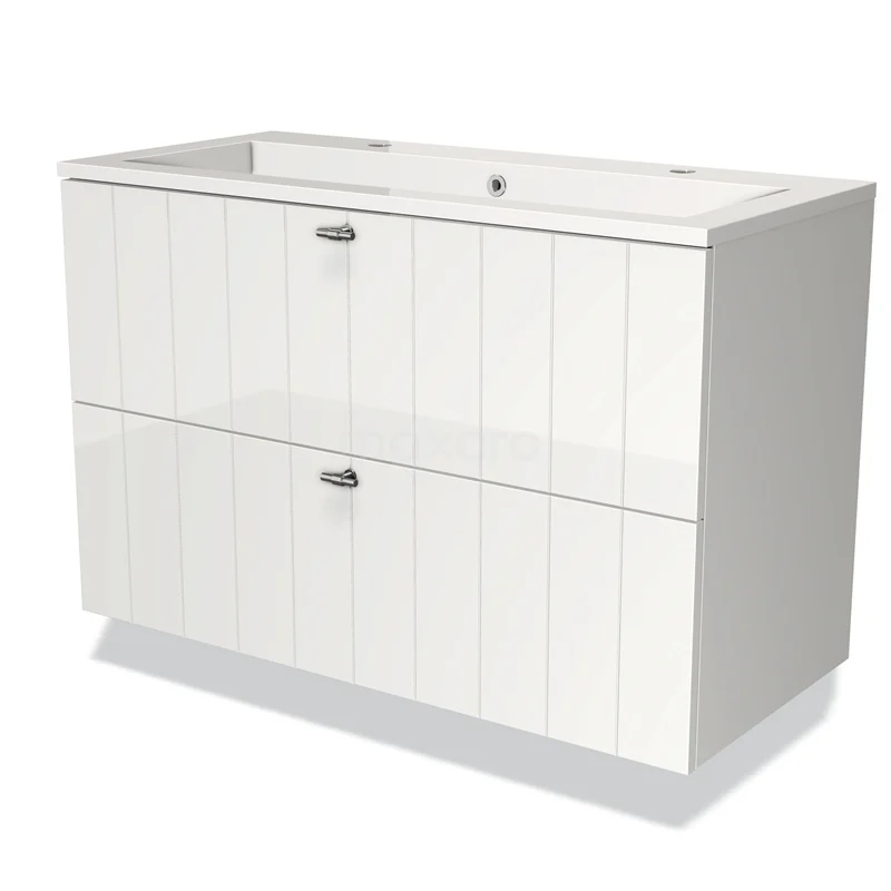 Modulo Bathroom furniture with sink | 100 cm High-gloss white Slat front Mineral marble 2 Stacked drawers BMW17-01294 White bathroom unit with double drawers, modern design and vertical lines, perfect for a sleek bathroom style.