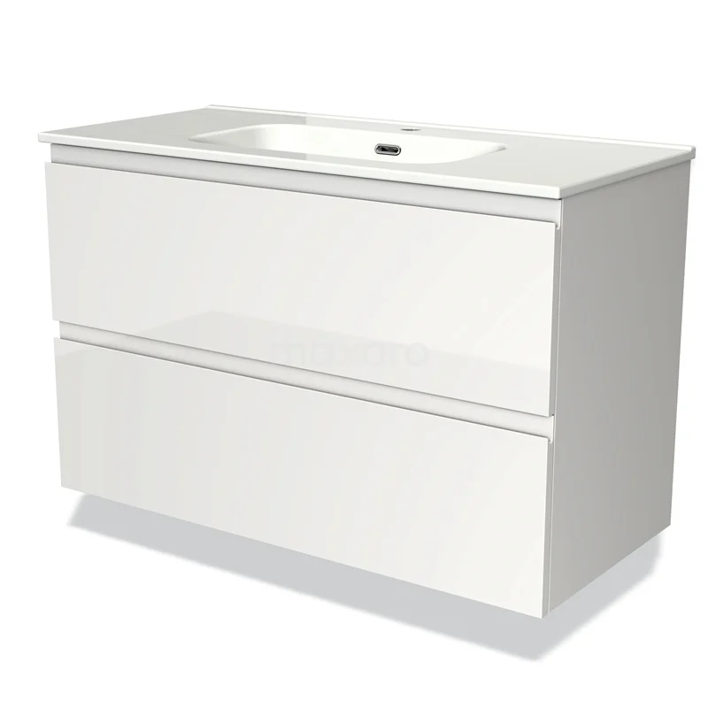 Modulo Vanity units with basin | 100 cm High-gloss white Handle-less front Ceramic 2 Stacked drawers BMW17-01300