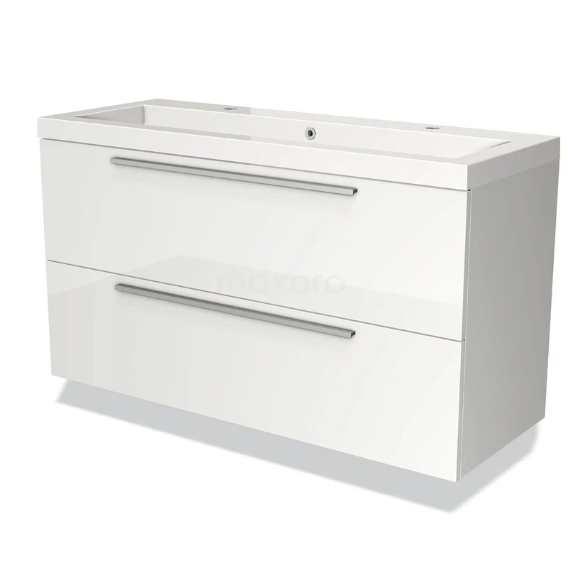 White bathroom unit with two wide drawers, glossy finish and integrated vanity units with basin, modern design.