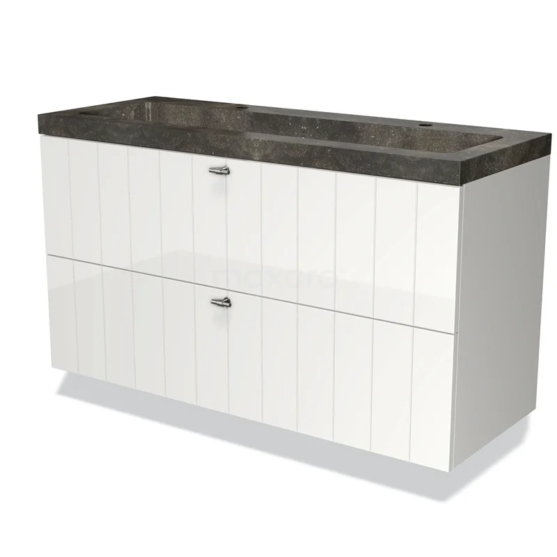 Modulo Bathroom furniture with sink | 120 cm High-gloss white Slat front Natural stone 2 Stacked drawers BMW17-01319 White, double bathroom unit with black marble top and two spacious drawers; sleek design, ideal for modern bathrooms.