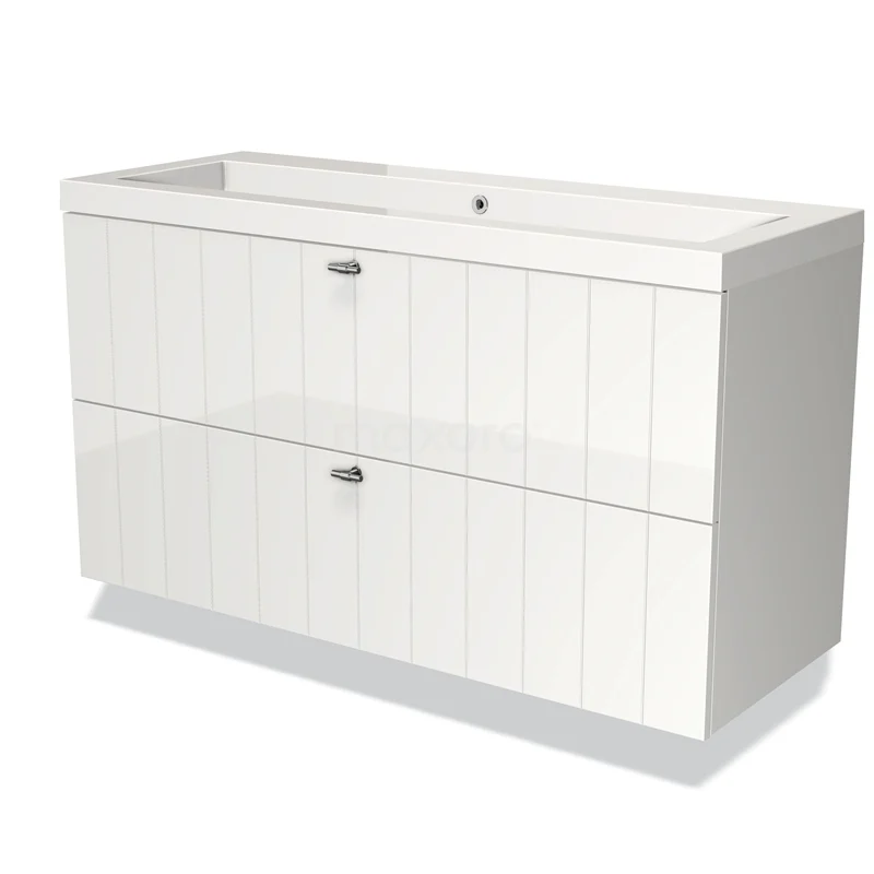 Modulo Bathroom furniture with sink | 120 cm High-gloss white Slat front Mineral marble 2 Stacked drawers BMW17-01320 High-gloss white bathroom unit with double drawers and modern look, ideal for a stylish and organised bathroom.