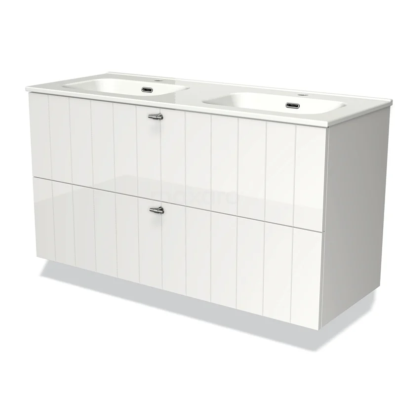 Modulo Vanity units with basin | 120 cm High-gloss white Slat front Ceramic 2 Stacked drawers BMW17-01348