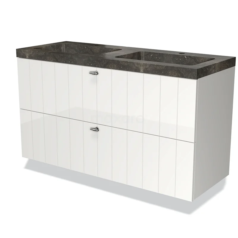 Modulo Vanity units with basin | 120 cm High-gloss white Slat front Natural stone 2 Stacked drawers BMW17-01350