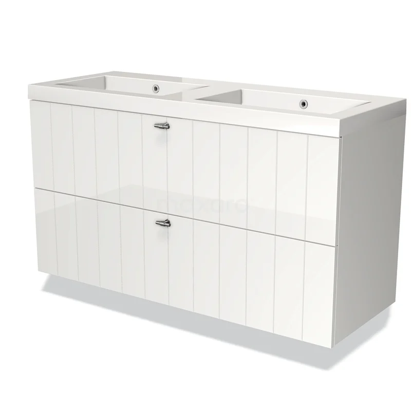 Modulo Vanity units with basin | 120 cm High-gloss white Slat front Mineral marble 2 Stacked drawers BMW17-01352