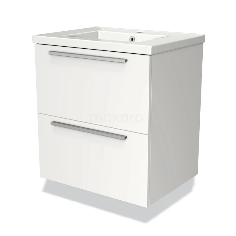 Wit badkamermeubel met twee softclose lades, geïntegreerde wastafel en strakke chromen handgrepen, modern en compact ontwerp.