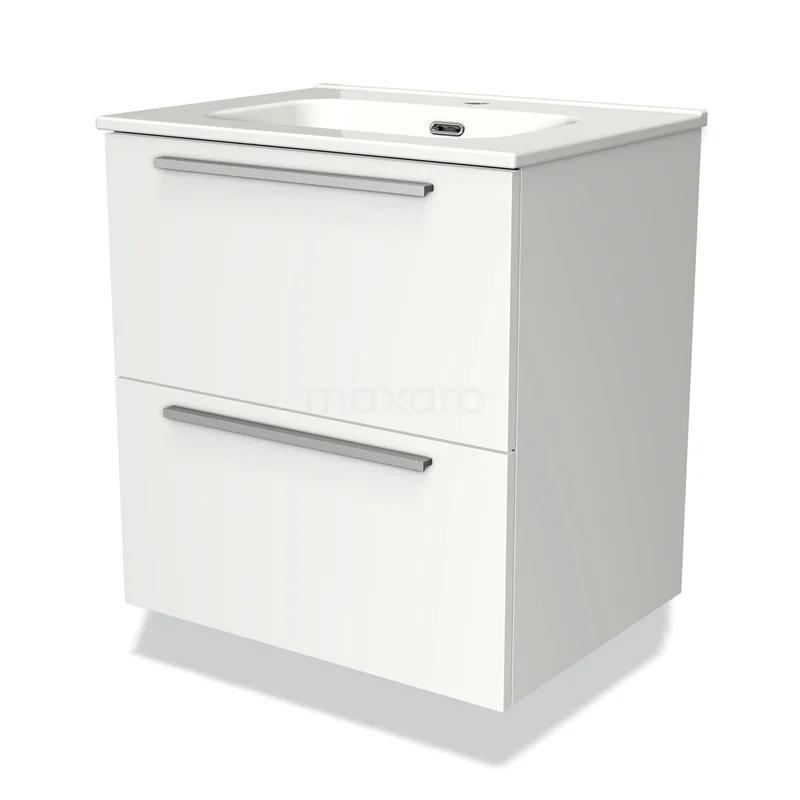 Witte badkamerkast met twee ruime lades, strakke handgrepen en keramische wastafel, ideaal voor moderne badkamerinrichting.