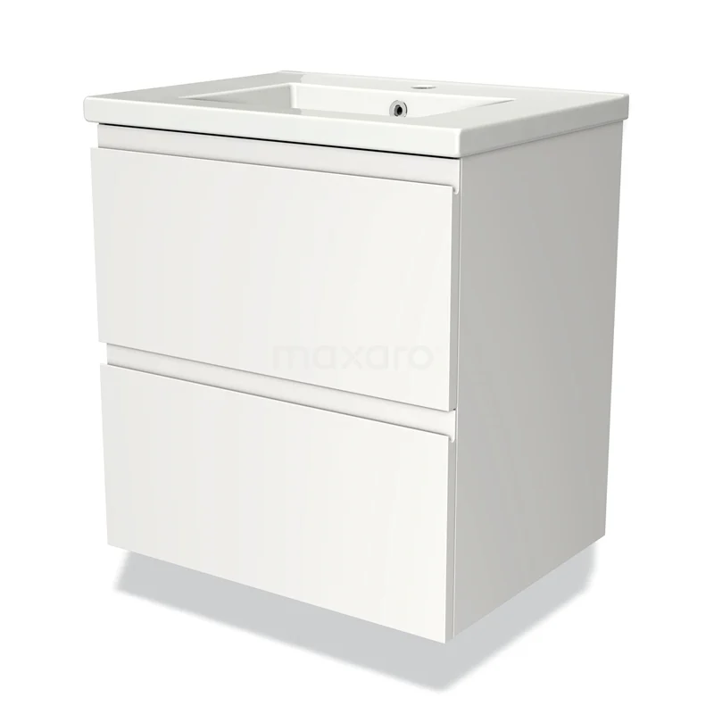 Wit badkamermeubel met twee lades, hoogglans finish en geïntegreerde wastafel, ideaal voor een moderne badkamerstijl.